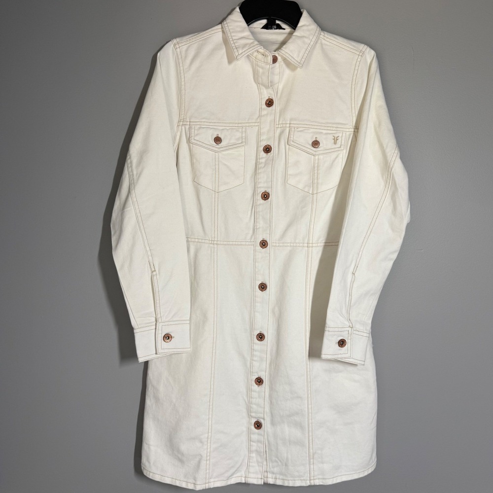 Frye Shirt Dress Small White Denim Long Sleeve Button Down Collared Pockets